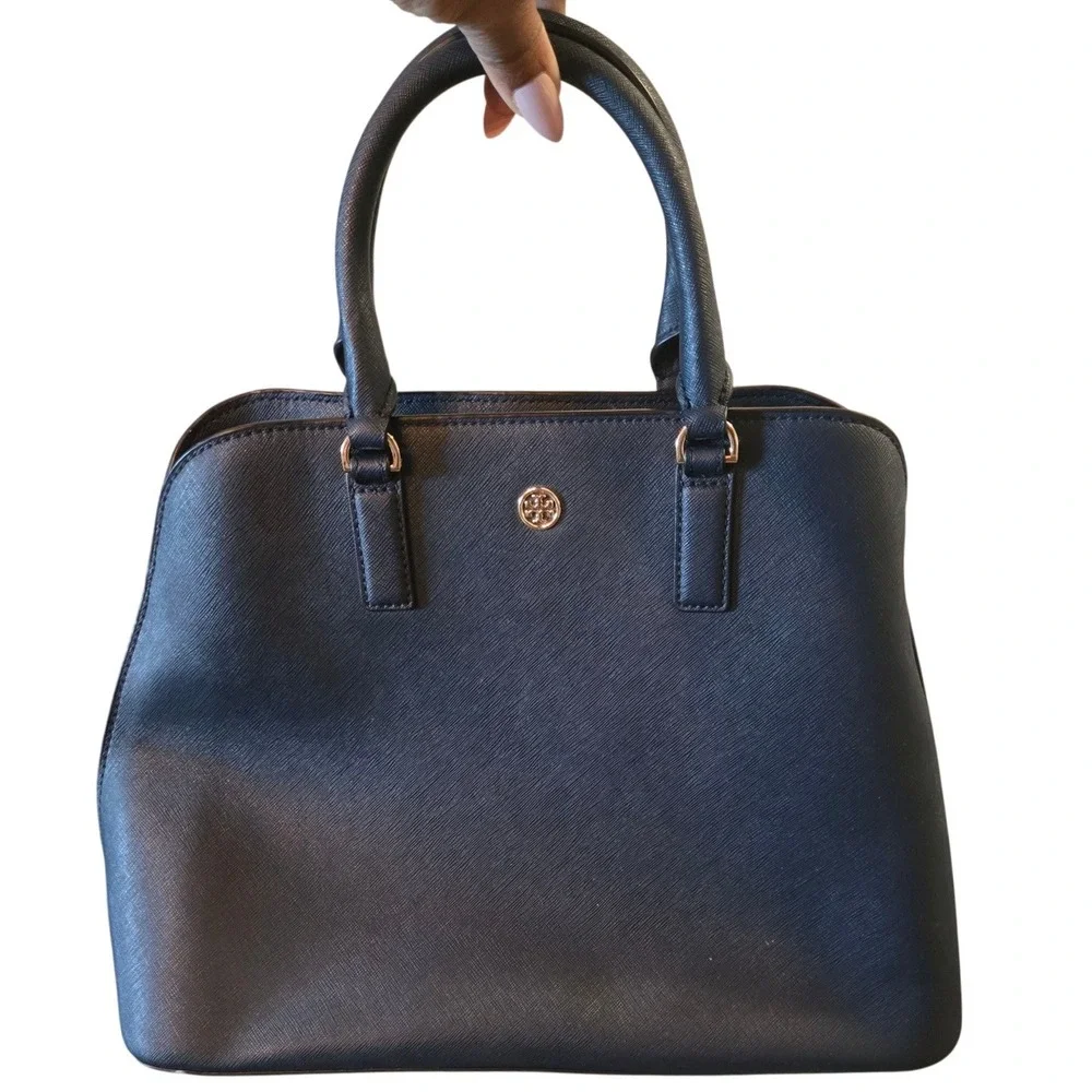 Tory Burch Navy Blue Structured Satchel Handbag Saffiano Leather Large‎ Tote